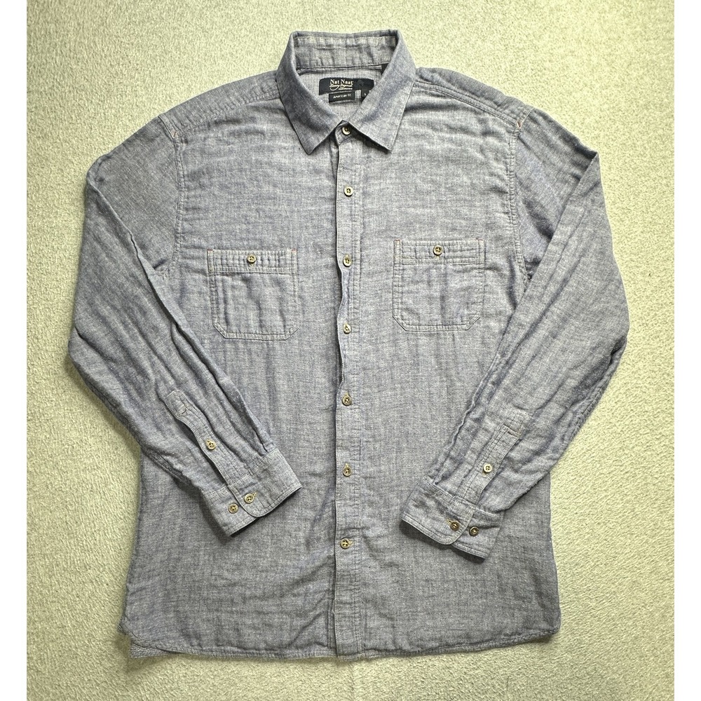 Nat Nast Shirt Mens Large Navy Blue American Fit Button Up 100% Cotton Casual